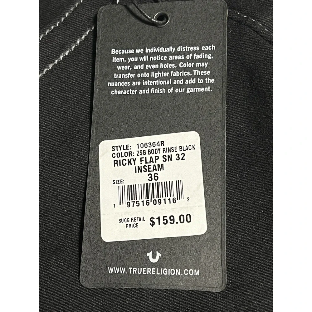 $159‎ NWT  True Religion Ricky Flap Relaxed Jeans Black WORLD TOUR BUDDHA 36x32
